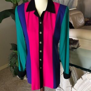 SZ 6 JOHN ROBERTS TOP DRESSY COLOR BLOCK LONG SLEEVE BUTTON UP FRONT